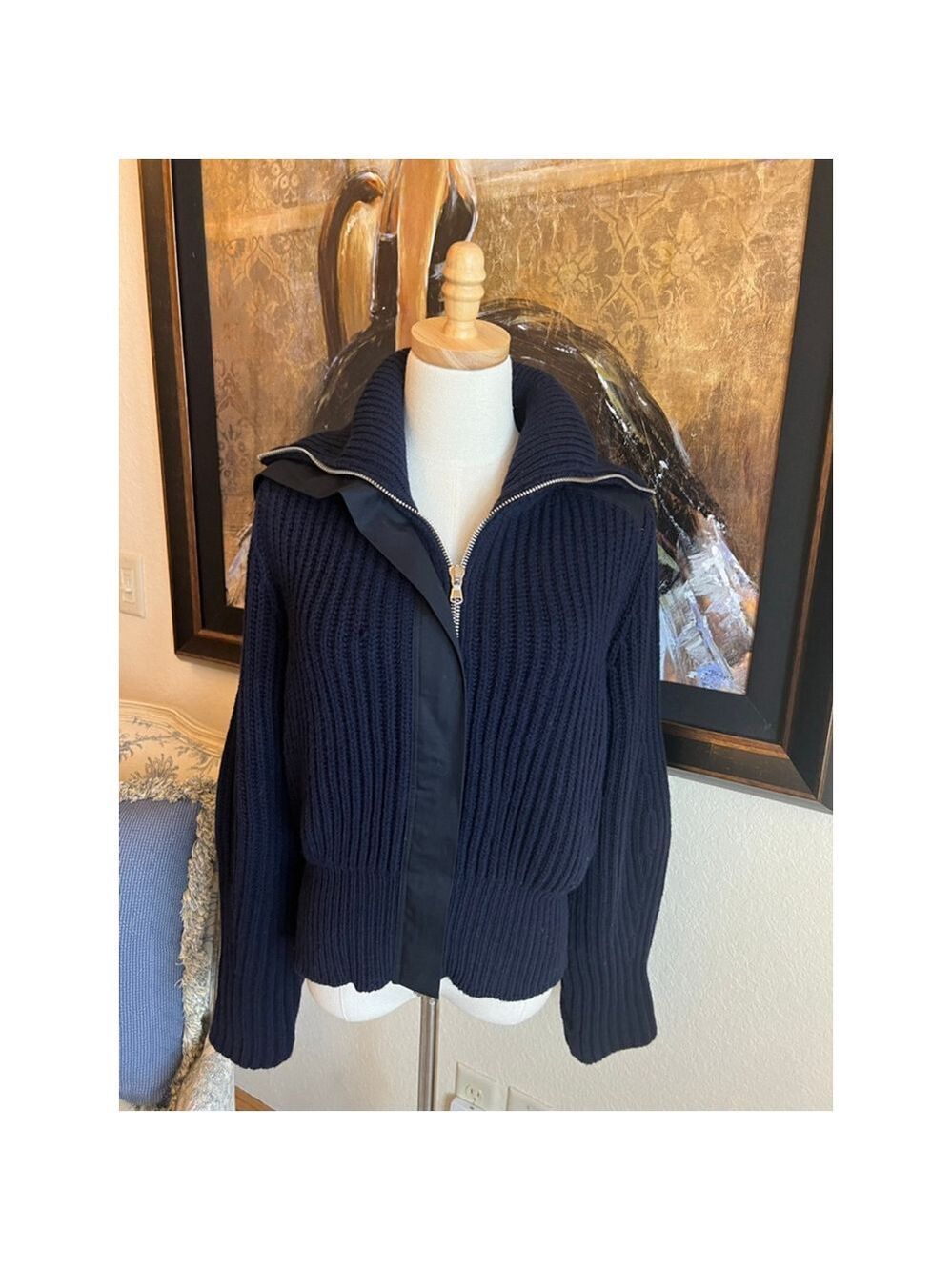 Women's G. Navy Ribbed Merino Wool Cardigan S